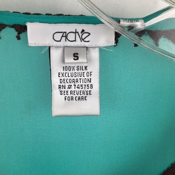 Cache 100% Silk Blue & Brown Sheer Embellished Embroidered Peasant Top S - Picture 8 of 8